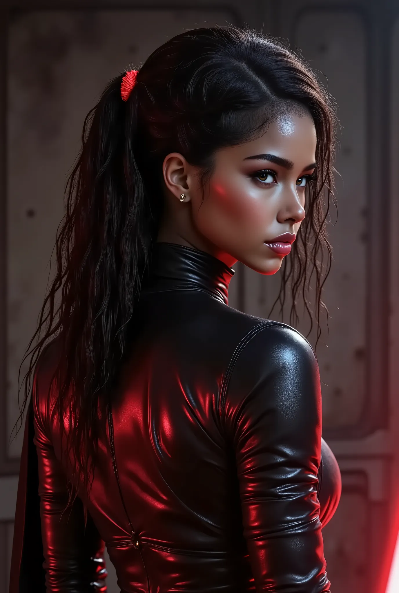 side profile image, full body shot, female warrior, sith lord, star wars, red lightsaber, intricate details,beautiful detailed eyes, beautiful detailed lips, extremely detailed face, dreadlocks, long eyelashes, evil look, diabolic, dramatic lighting, dark ...