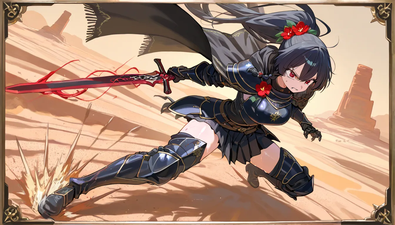 (beautiful girl : 1.3),1 girl,(Black Armor,black embroidered cloak,Flower Hair Ornament,thigh,boots),black hair,ponytail,braids,anger, abusive,has a sword, desert,runs,sweat,battle,Slash,Sword trajectory,active,dynamic angle,masterpiece,Highest Quality,Rich Contrast,high image quality,8k,High Definition CG Unit Wallpaper,texture,unbelievably absurd, RAW photos ,deep border 1 .2,very detailed