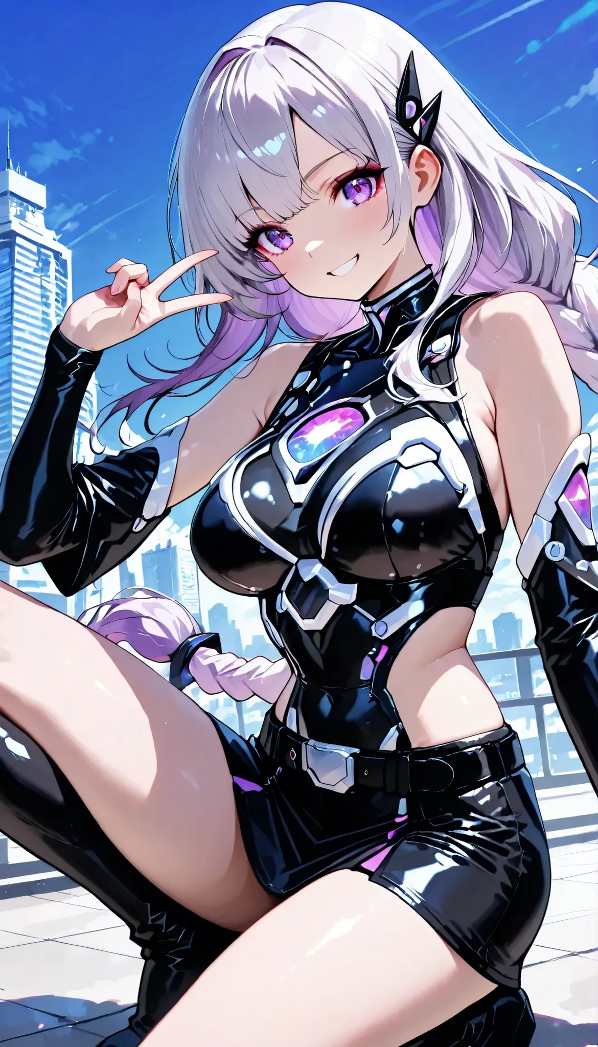 Skyscraper Rooftop, Asahi, clear blue sky ,Beautiful morning scene, calm, High Quality,4K,Professional,Extreme Details,Immersive,anime style, cowboy shot, cybersuit, laugh, v sign, squatting, squatting開脚, cryptic girl, silver-haired:1.2, purple inner col...