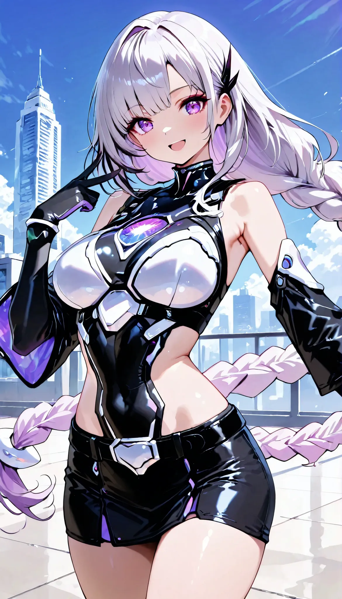 Skyscraper Rooftop, Asahi, clear blue sky ,Beautiful morning scene, calm, High Quality,4K,Professional,Extreme Details,Immersive,anime style, cowboy shot, cybersuit, laugh, v sign, cryptic girl, silver-haired:1.2, purple inner color, Long hair braided, ...