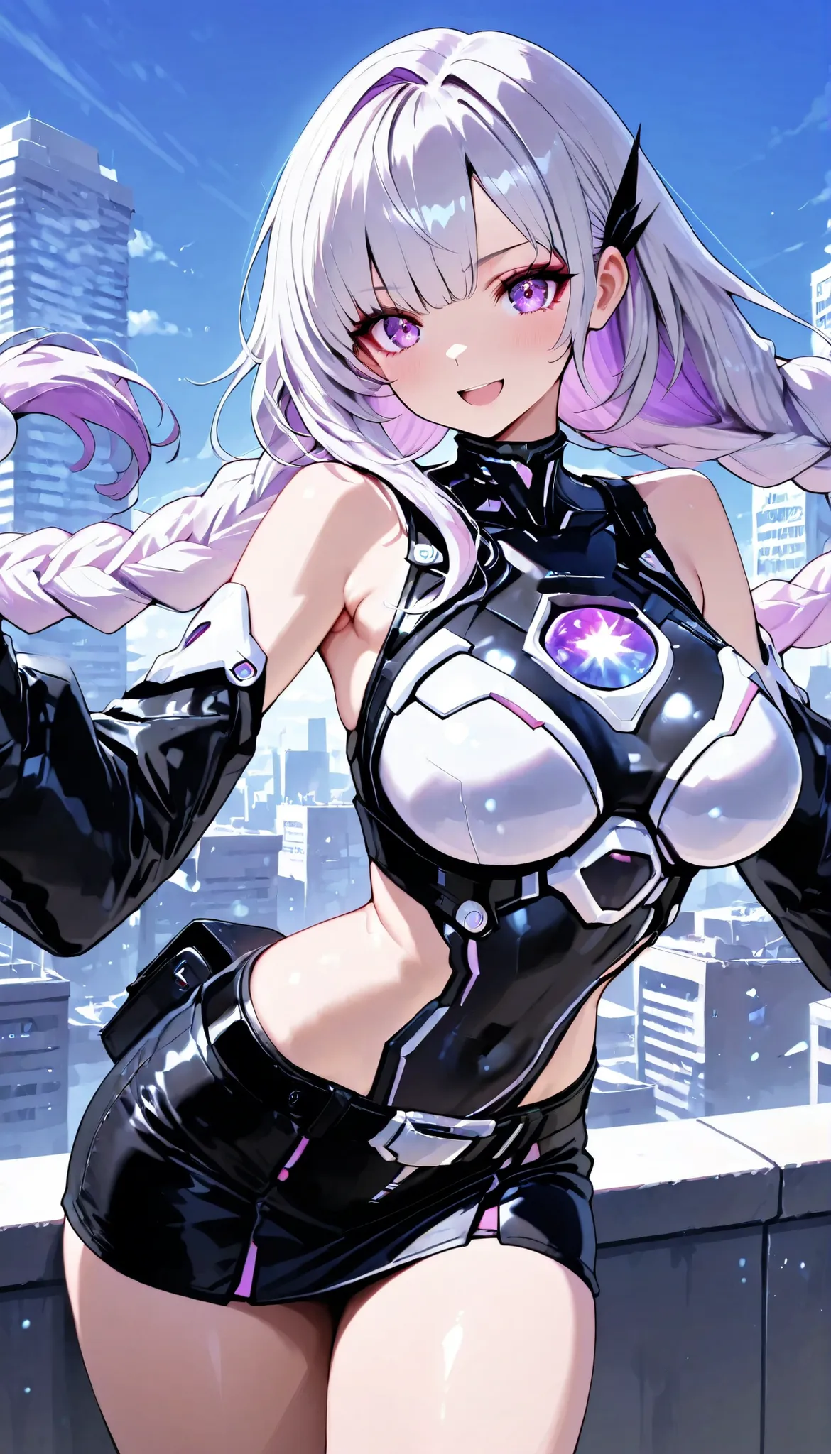 Skyscraper Rooftop, Asahi, clear blue sky ,Beautiful morning scene, calm, High Quality,4K,Professional,Extreme Details,Immersive,anime style, cowboy shot, cybersuit, laugh, v sign, cryptic girl, silver-haired:1.2, purple inner color, Long hair braided, ...