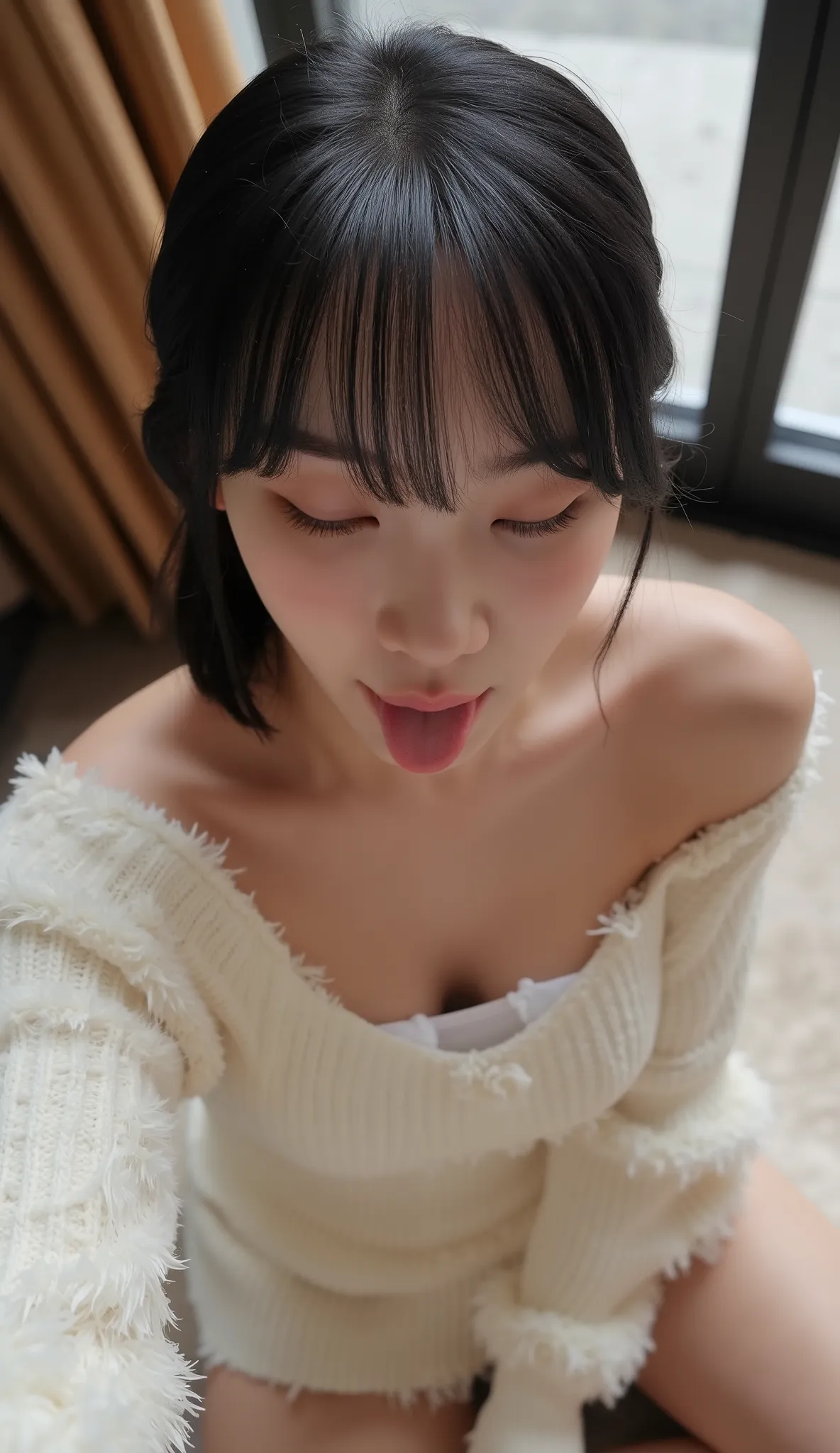 A picture of me sitting on the floor by the window and sticking out my tongue、(a lot of milk is spilling out of my mouth and dripping)、(Angle selfie from above)、((One-sided medium hair with beautiful black waves on one ear))、perfect style、Gestures that acc...