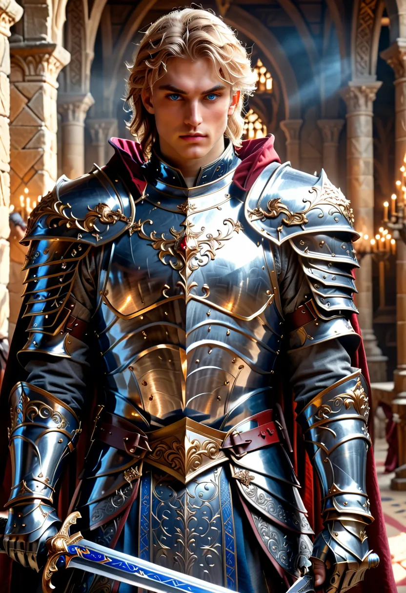 (Surrealism, retina, accurate, anatomically correct, masterpiece, super detail, best quality, 8k, super detail, extremely precise in every detail, beautiful detailed glow, beautiful attention to detail, beautiful detailed eyes), a young male paladin is sta...