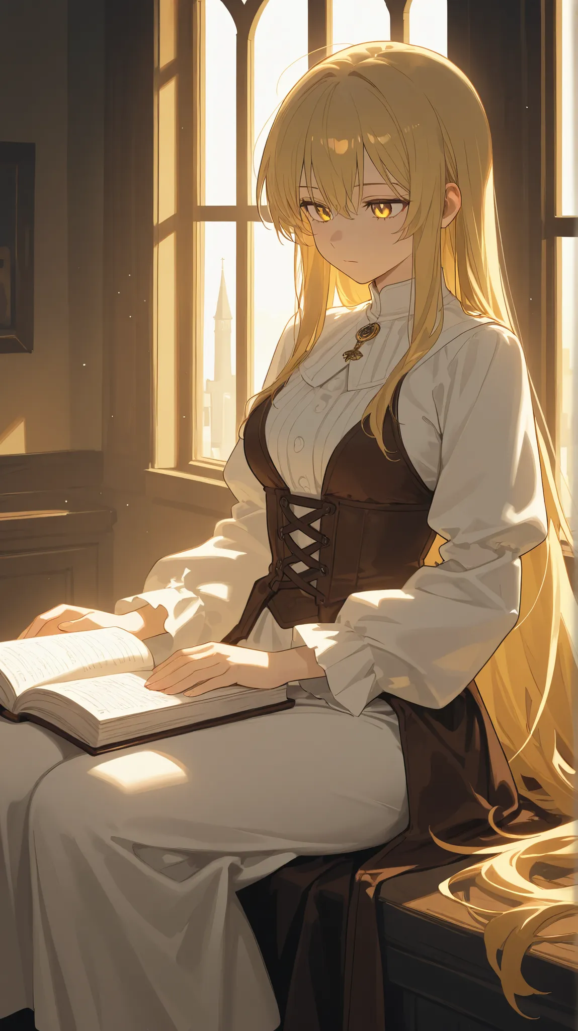 a beautiful anime girl with very nice body, very long golden hair down to her legs, golden sharp eyes, sitting calmly in a high tower room, wearing elegant medieval-style clothes, soft sunlight pouring through the window, a wide port city stretching below ...