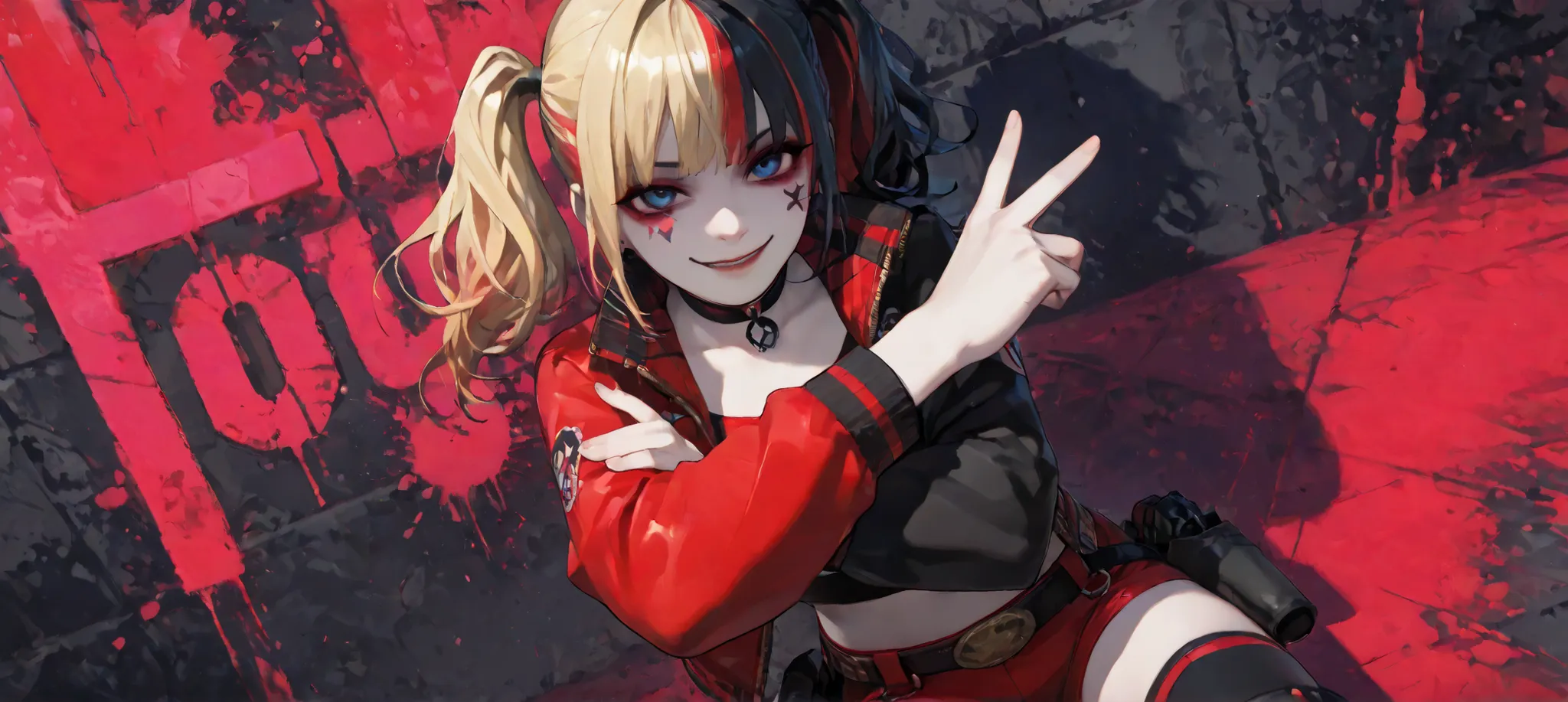 score_9, score_8_up, score_7_up, score_6_up, score_5_up, score_4_up, 4K, 8K, 1girl, solo, blue eyes, solo, harleyqlmx, makeup, pale skin, twintails, multicolored hair, blonde hair, black hair, red hair, facial tattoo, open jacket, choker, short shorts, cro...