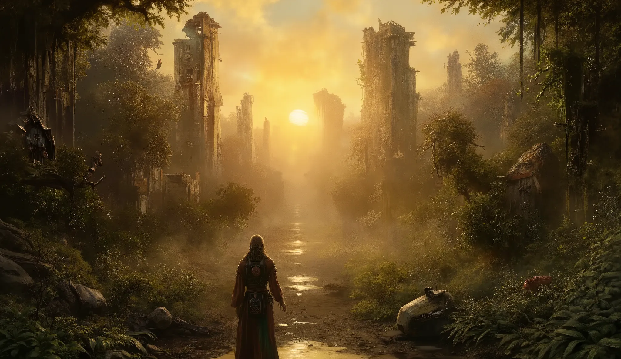 Human Era (Past/Present)
Key Elements:
Crumbling skyscrapers, overgrown vegetation, remnants of cities.
Warm, golden-hour lighting with fog/mist.
Subtle hints of early robotic integration (e.g., broken drones, rusted AI billboards).
AI Prompt Examples:...