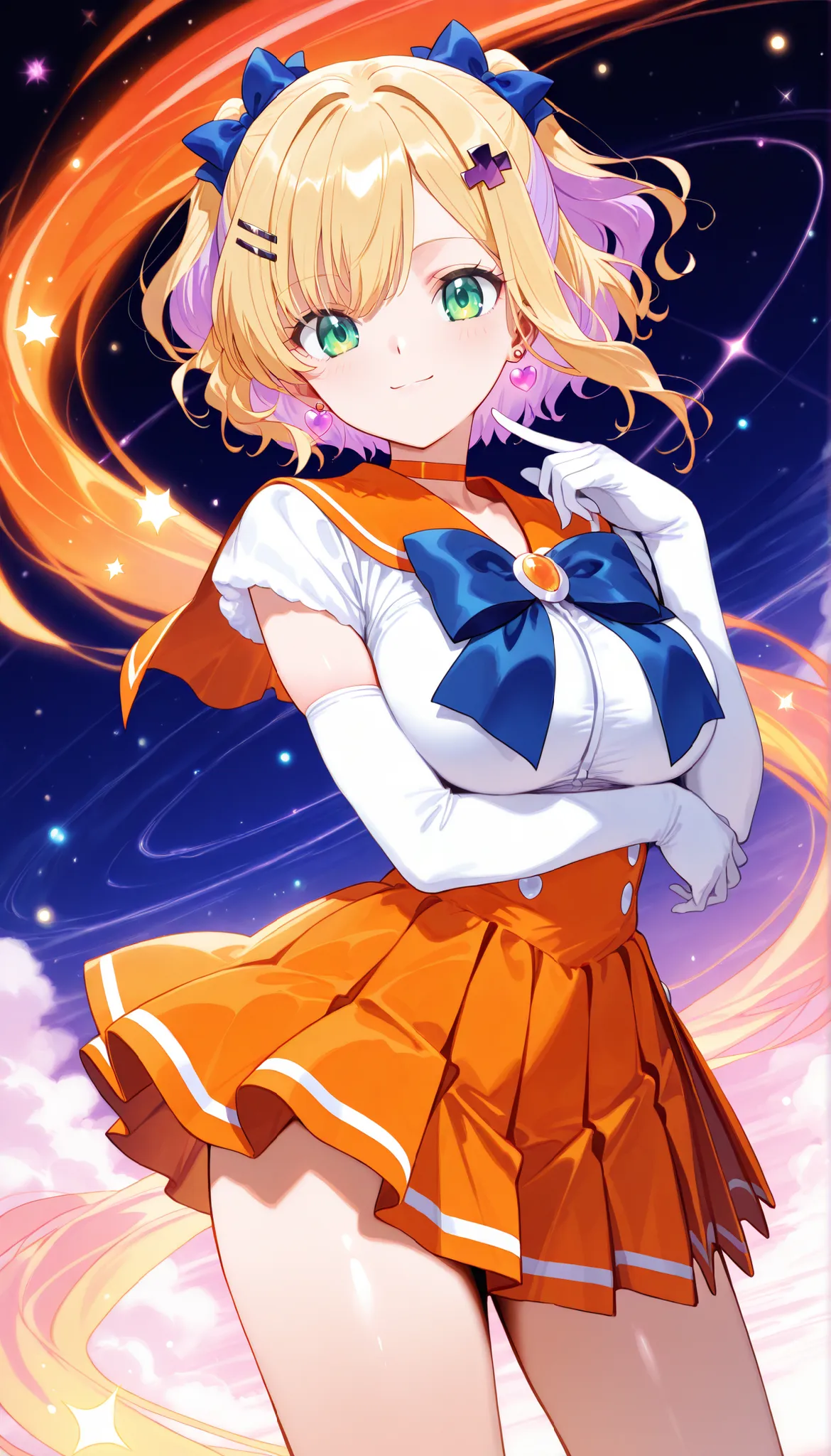 masterpiece, score_9, score_8_up, score_7_up, anime, pinup, Max Masterpiece, full twinkle, perfect face, best quality, high resolution, 1 girl, noah1, short hair, blonde hair, purple hair, two side up, hair bow, hairclip, hair ornament, green eyes, large b...