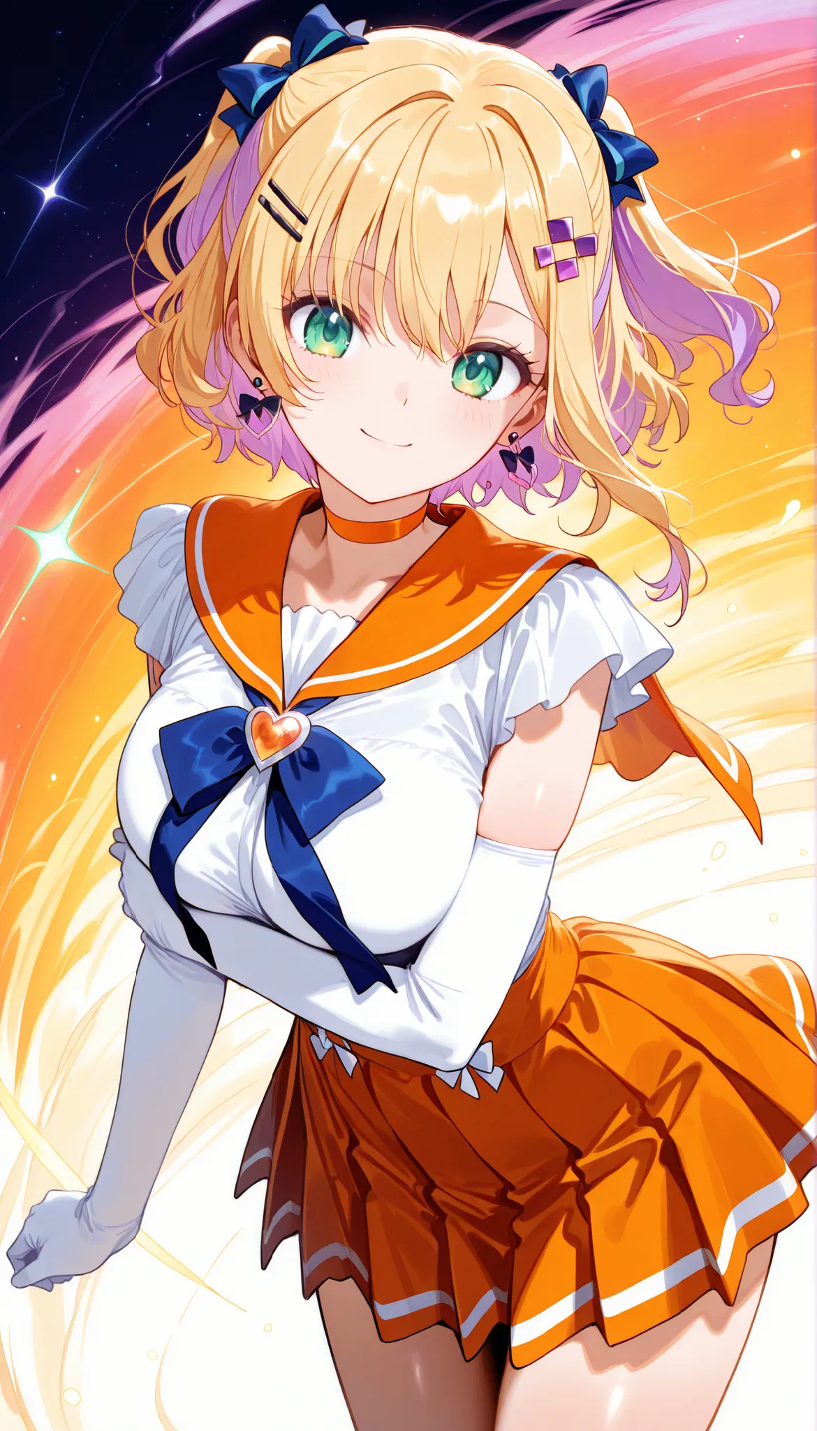 masterpiece, score_9, score_8_up, score_7_up, anime, pinup, Max Masterpiece, full twinkle, perfect face, best quality, high resolution, 1 girl, noah1, short hair, blonde hair, purple hair, two side up, hair bow, hairclip, hair ornament, green eyes, large b...