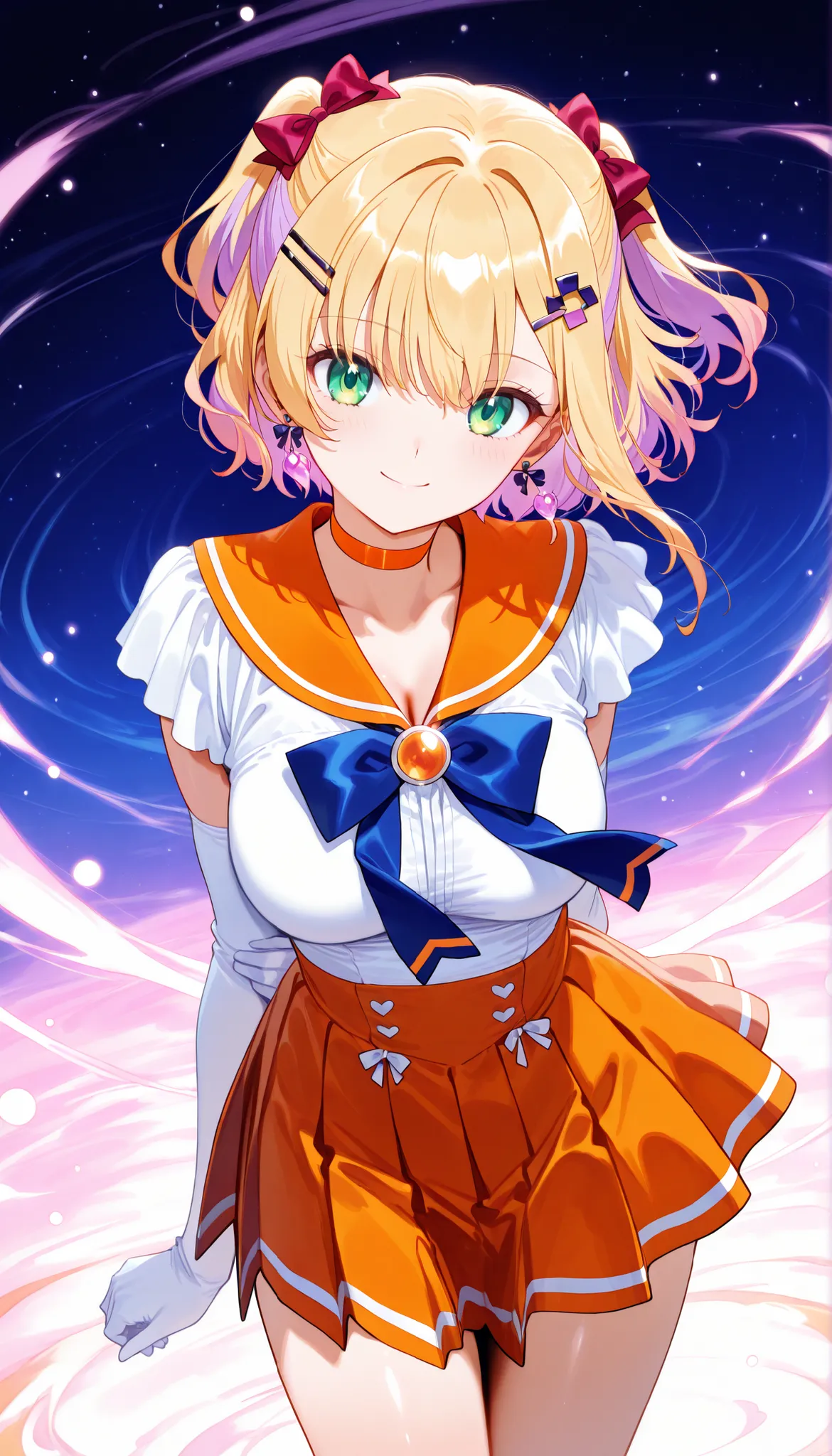 masterpiece, score_9, score_8_up, score_7_up, anime, pinup, Max Masterpiece, full twinkle, perfect face, best quality, high resolution, 1 girl, noah1, short hair, blonde hair, purple hair, two side up, hair bow, hairclip, hair ornament, green eyes, large b...