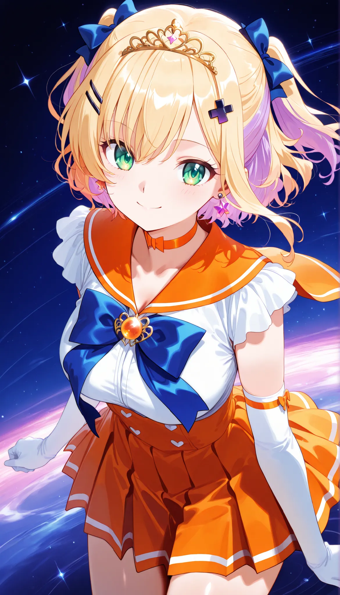 masterpiece, score_9, score_8_up, score_7_up, anime, pinup, Max Masterpiece, full twinkle, perfect face, best quality, high resolution, 1 girl, noah1, short hair, blonde hair, purple hair, two side up, hair bow, hairclip, hair ornament, green eyes, large b...