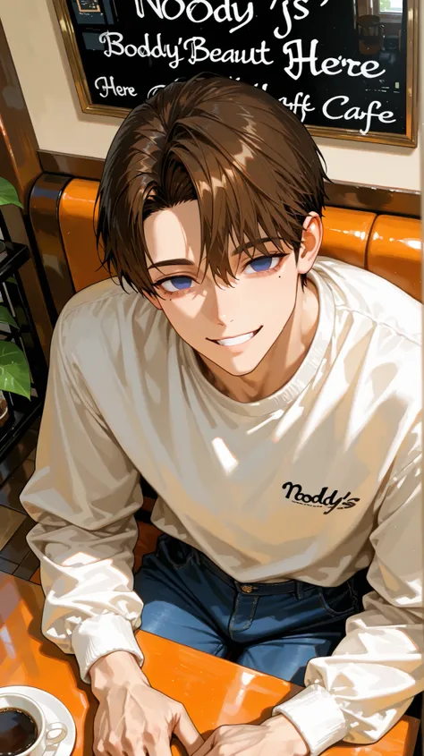 ((One beautiful handsome man)), short brown hair, (beautiful blue empty eyes), mole under eye, smiling, muscle, ((simple long sleeve male outfits)), sitting, (cafe), beautiful cafe interior, Digital painting, 16K, Best quality, masterpiece, ultra-detailed,...