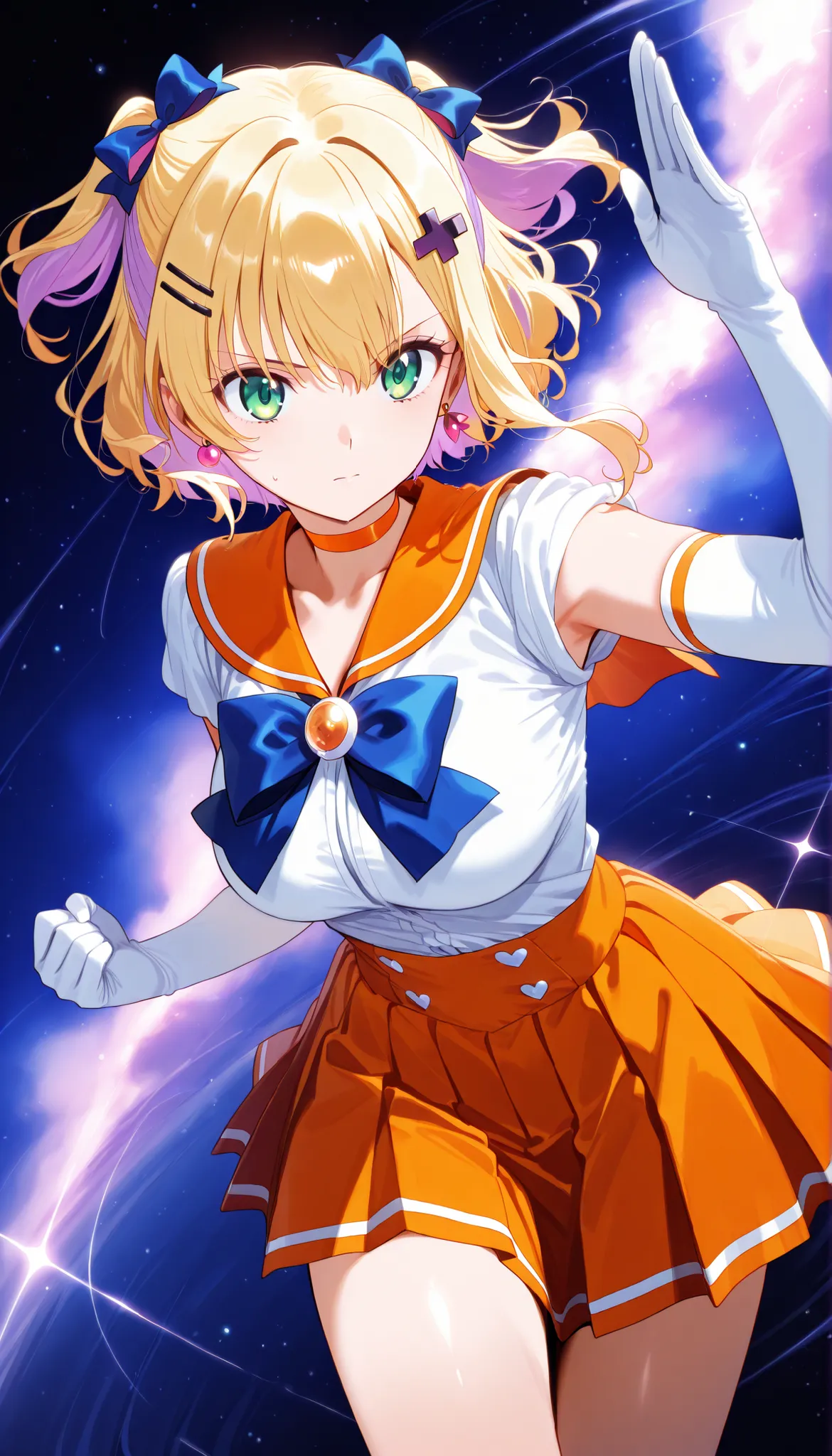 masterpiece, score_9, score_8_up, score_7_up, anime, pinup, Max Masterpiece, full twinkle, perfect face, best quality, high resolution, 1 girl, noah1, short hair, blonde hair, purple hair, two side up, hair bow, hairclip, hair ornament, green eyes, large b...