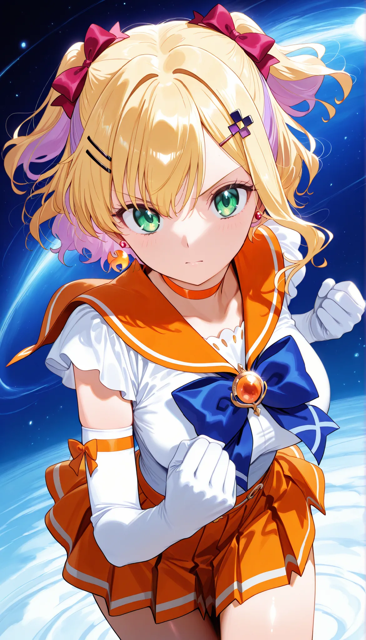 masterpiece, score_9, score_8_up, score_7_up, anime, pinup, Max Masterpiece, full twinkle, perfect face, best quality, high resolution, 1 girl, noah1, short hair, blonde hair, purple hair, two side up, hair bow, hairclip, hair ornament, green eyes, large b...