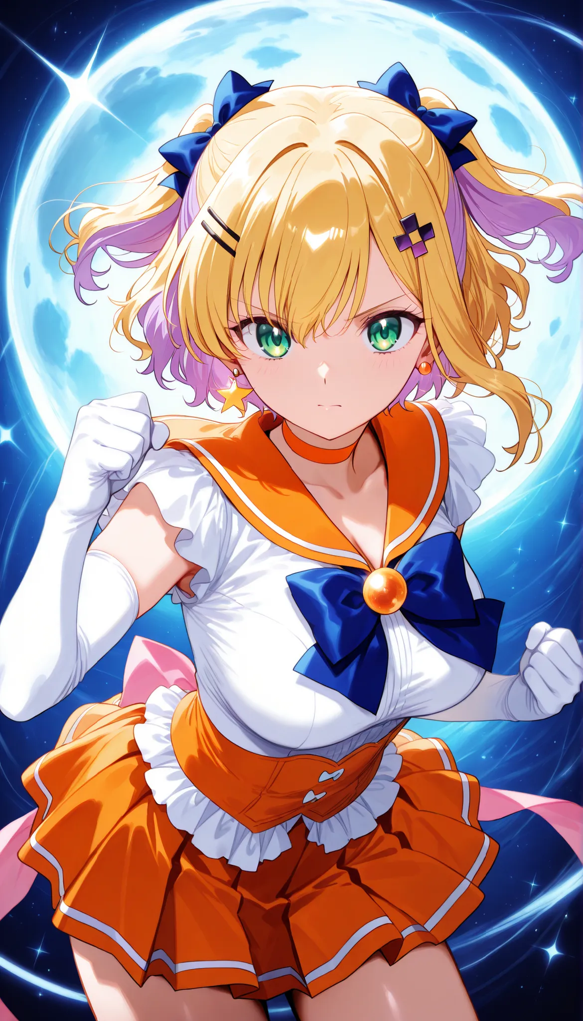 masterpiece, score_9, score_8_up, score_7_up, anime, pinup, Max Masterpiece, full twinkle, perfect face, best quality, high resolution, 1 girl, noah1, short hair, blonde hair, purple hair, two side up, hair bow, hairclip, hair ornament, green eyes, large b...