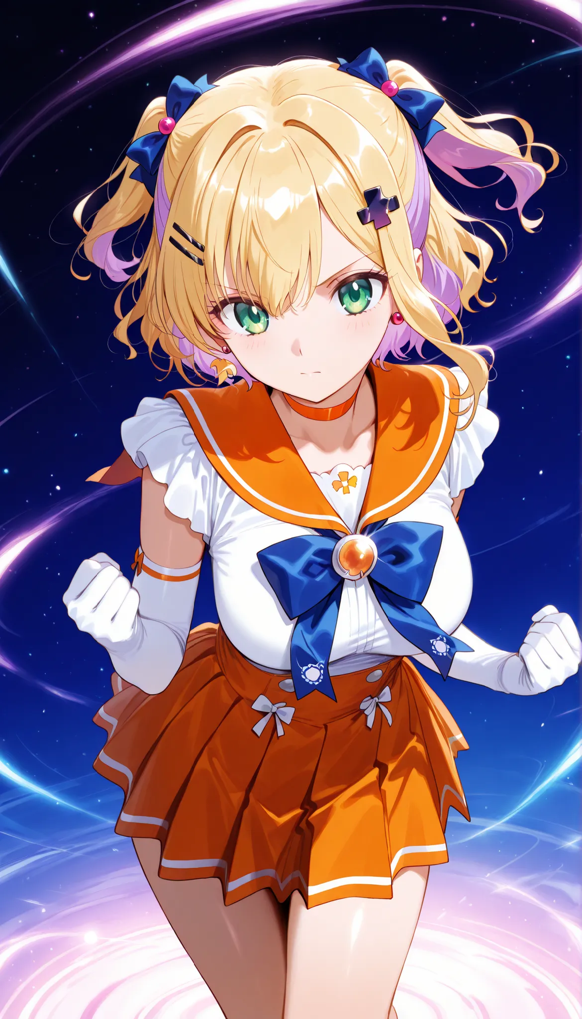 masterpiece, score_9, score_8_up, score_7_up, anime, pinup, Max Masterpiece, full twinkle, perfect face, best quality, high resolution, 1 girl, noah1, short hair, blonde hair, purple hair, two side up, hair bow, hairclip, hair ornament, green eyes, large b...