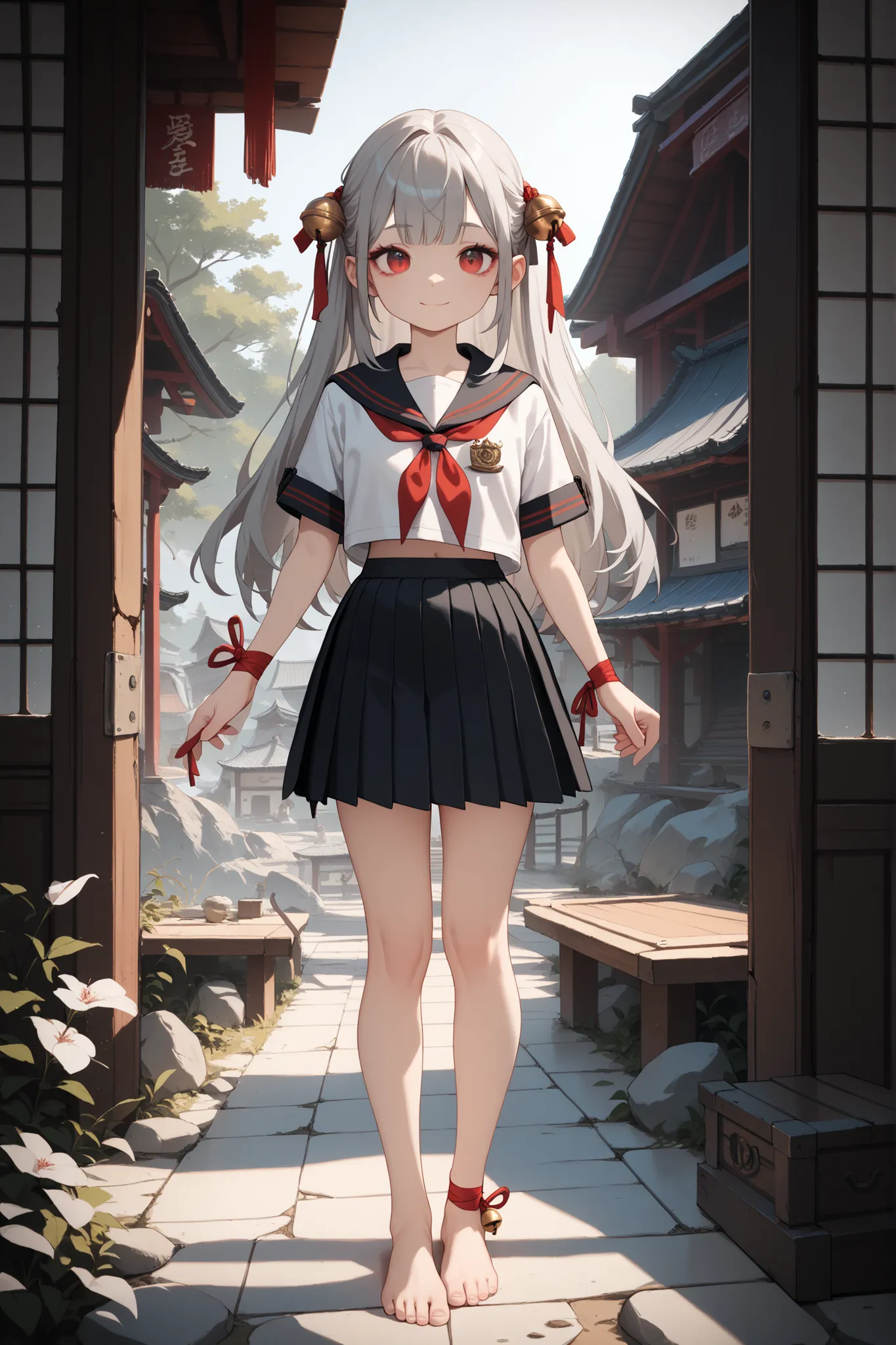 1 girl,Beautiful Girls,cute,smile,Standing,Long straight gray hair that extends to the feet,long hair,and bangs are aligned,red eyes,strong eye highlights,sailor suit, black sailor color ,black tie,black pleated skirt,bare feet,wrap a bell around your left...