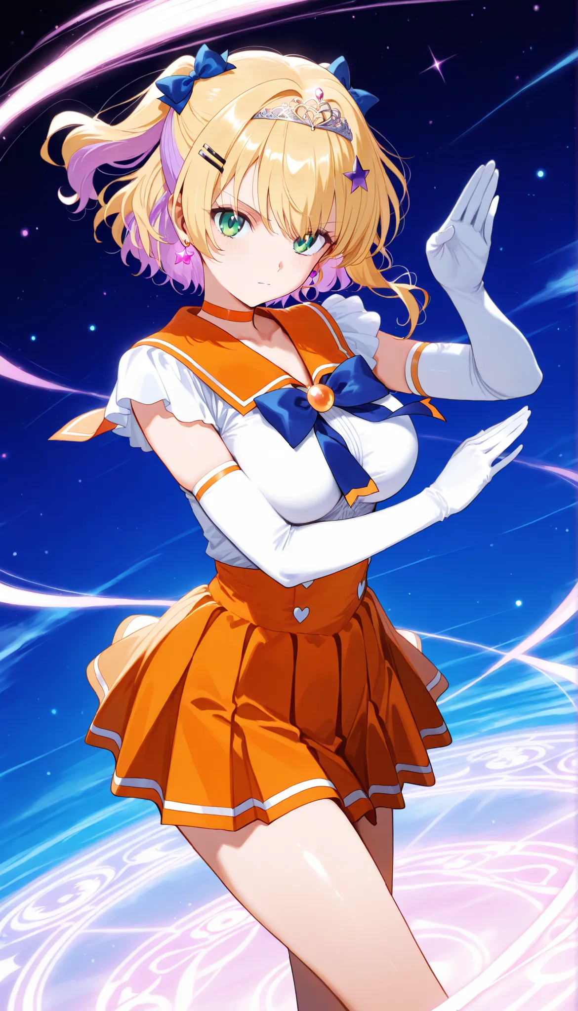 masterpiece, score_9, score_8_up, score_7_up, anime, pinup, Max Masterpiece, full twinkle, perfect face, best quality, high resolution, 1 girl, noah1, short hair, blonde hair, purple hair, two side up, hair bow, hairclip, hair ornament, green eyes, large b...