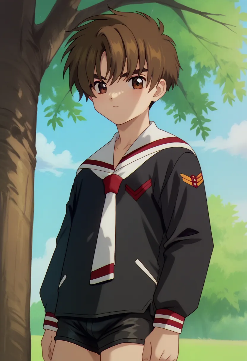 score_9, score_8_up, score_7_up, anime_source, highly detailed, Syaoran, 1 boy, male focus, alone, brown hair, brown eyes, sailor school uniform: black sailor shirt with long sleeves, white sailor collar, red sailor tie, tight black sailor short shorts, looking at viewer outside, sky, cloud, tree,
