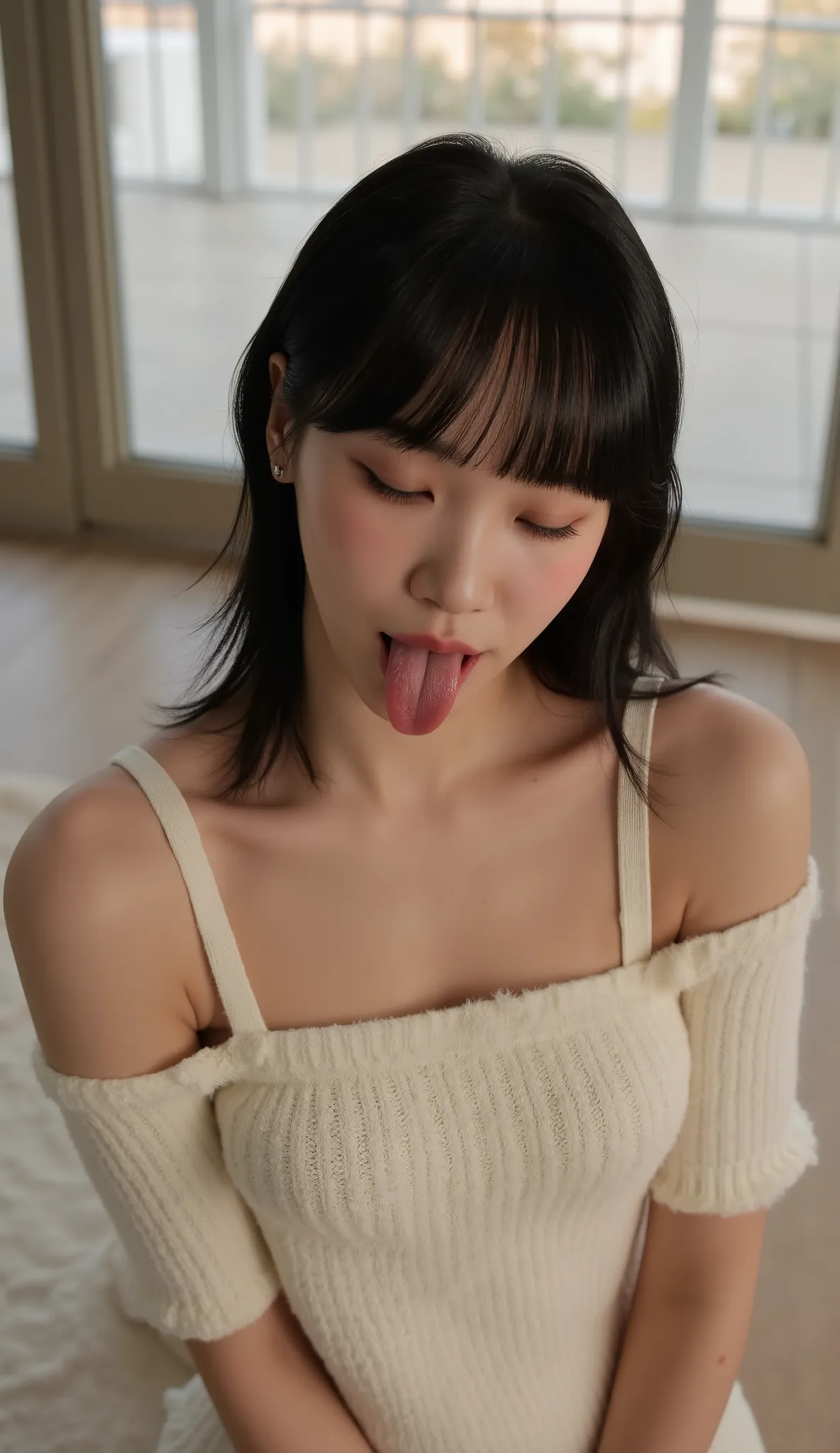 A picture of me sitting on the floor by the window and sticking out my tongue、(a lot of milk is spilling out of my mouth and dripping)、(Angle selfie from above)、((One-sided medium hair with beautiful black waves on one ear))、perfect style、Gestures that acc...