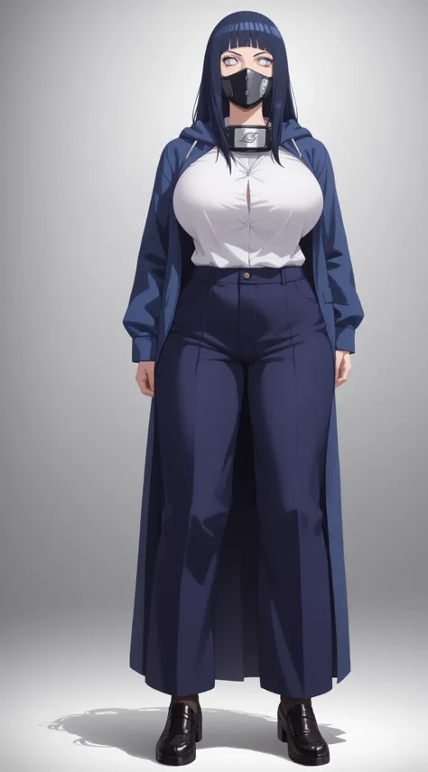 score_9,score_8_up,score_7_up,solo,looking at viewer, Hyūga   _Hinata's/Boruto, White Eyes, Long hair, Her's Long Bangs one that covers her face and the other hangs behind her head down past her shoulders,Dark Blue hair,(Future Era, Alternate Sci Fi Of Nar...