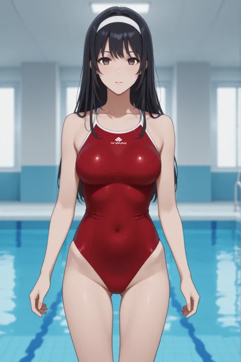 A woman with long black hair in a red one-piece swimsuit with a white band came out of the pool