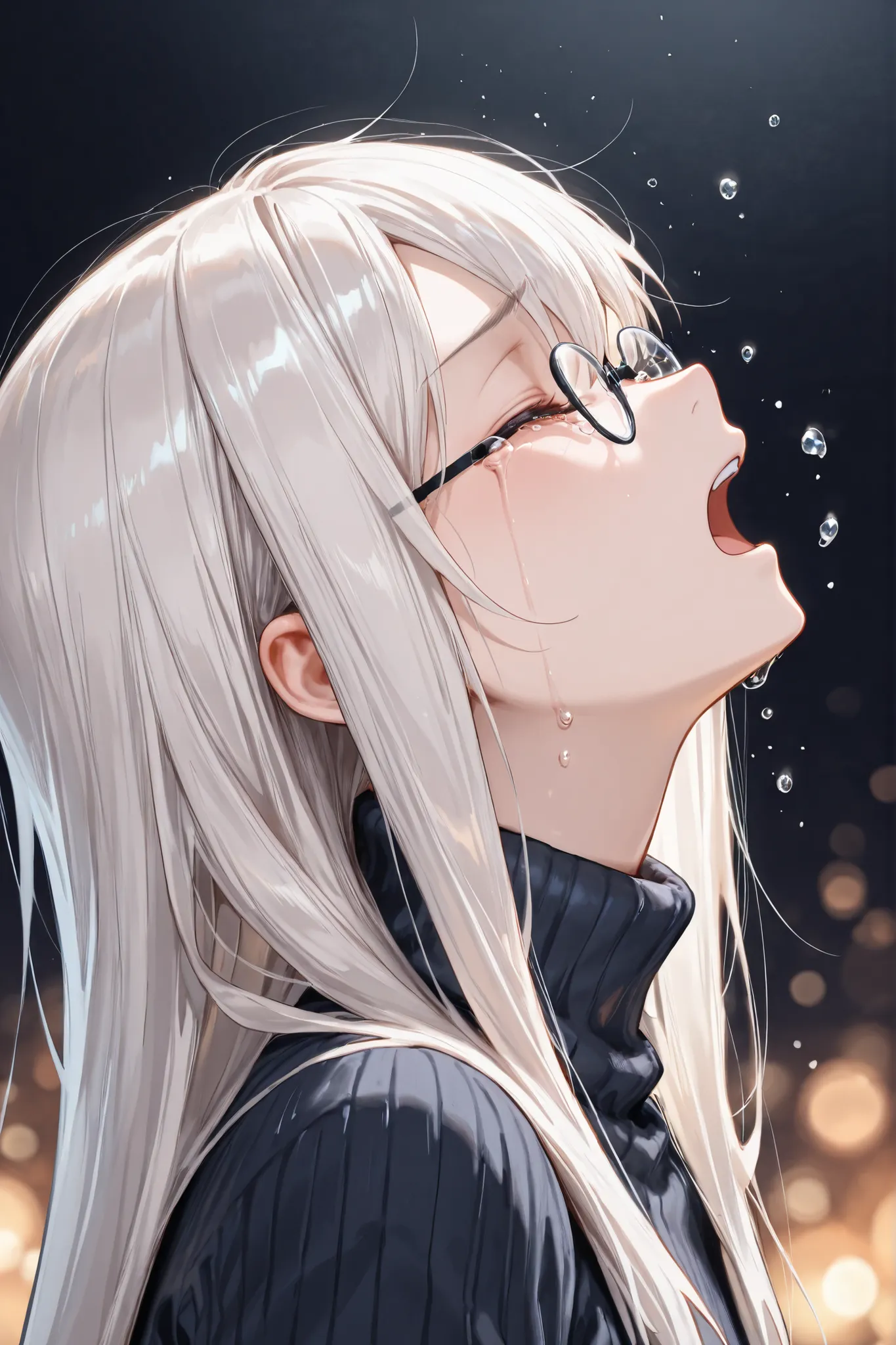 ((Masterpiece)),((best quality)),((incredibly absurdres)),((8K)),(semi realistic),
1 girl,solo,young female,aged up,kawaii,white hair,long hair,straight hair,blue eyes,small breasts,
(black eyewear),navy blue turtleneck sweater,loose shirt,black skinny je...