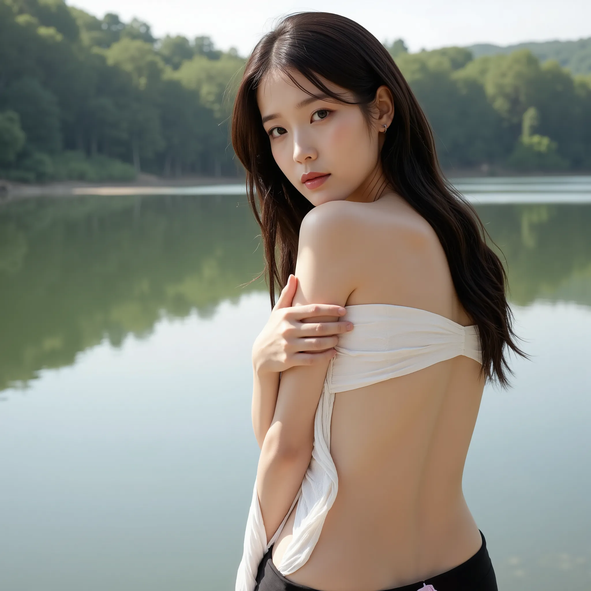Beautiful 28-year-old korean with long hair and medium-sized breasts naked at a lake,  showing the chest side 
