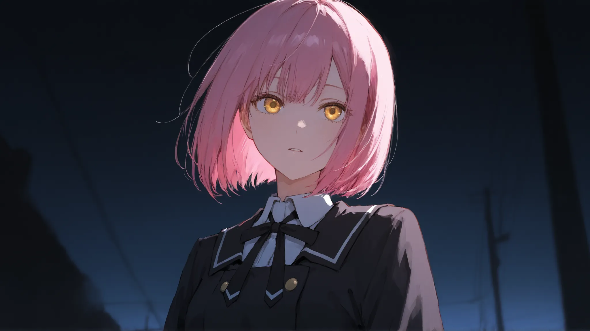 high image quality　girl　Road Ground　low angle　dark atmosphere in clothes　pink hair　golden eyes　bob hair　Outside flip　Detective uniform　birthday　　