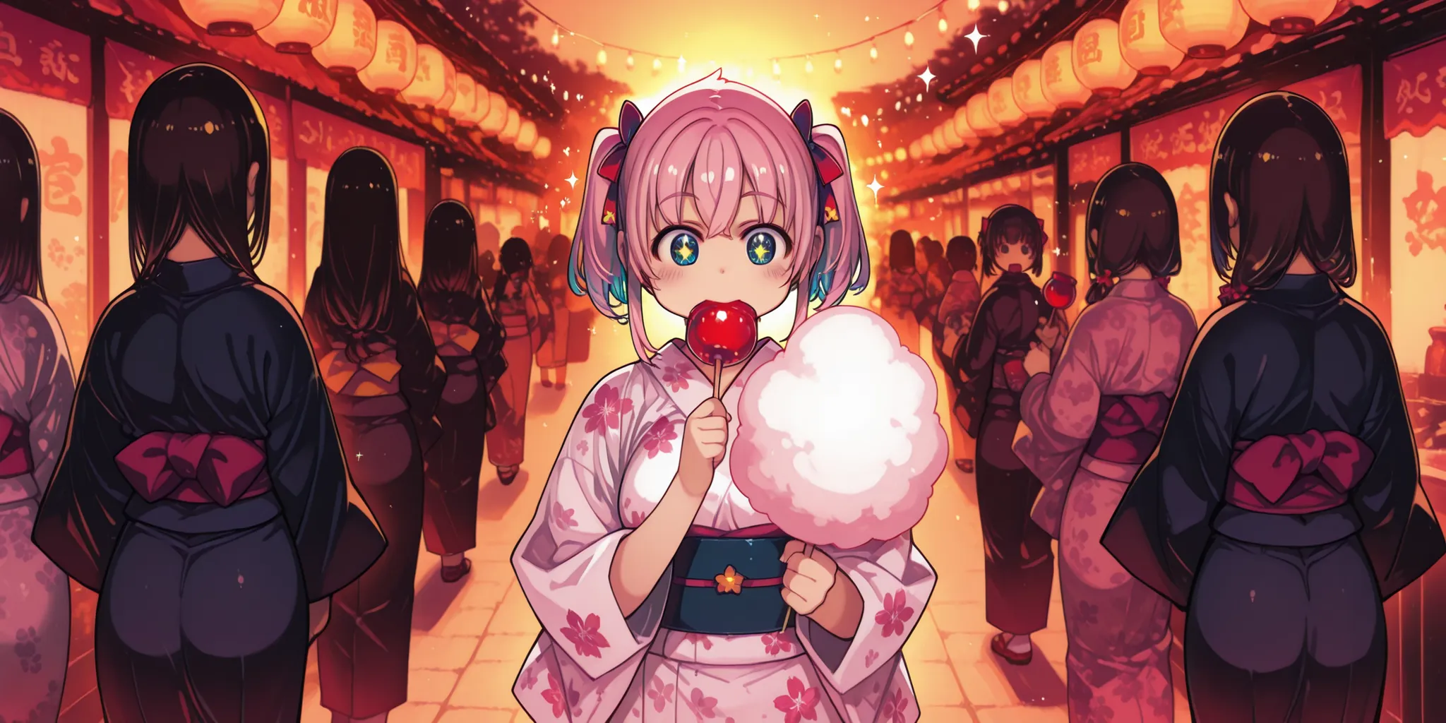 mil_xrat,source_anime,xration,mil,A cute anime-style girl eating cotton candy at a summer festival, golden hour lighting, cheerful and innocent atmosphere, wearing a light yukata with floral patterns, pink and blue tones, large expressive eyes, soft blush ...