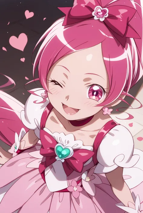 Heart Catch Pretty Cure、cute、cure blossom、beautiful background、 Slim、Small breasts、Shiny on the skin、 happy、angles from above、large futon behind a woman's face、