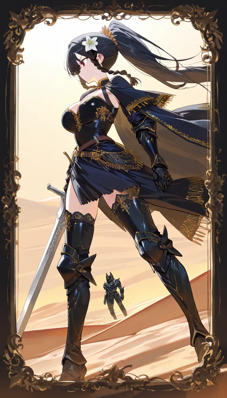 (beautiful girl : 1.3),1 girl,(Black Armor,black embroidered cloak,Flower Hair Ornament,thigh,boots),black hair,ponytail,braids,no expression,sticks a sword into the ground, desert,stand,active,dynamic angle,masterpiece,Highest Quality,Rich Contrast,high image quality,8k,High Definition CG Unit Wallpaper,texture,unbelievably absurd, RAW photos ,deep border 1 .2,very detailed