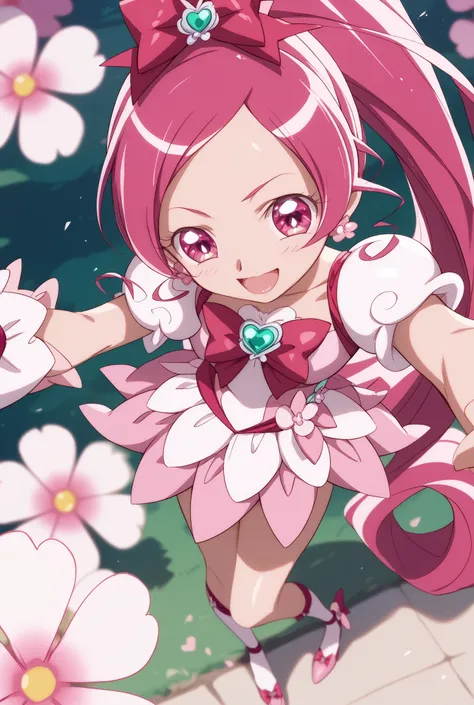 Heart Catch Pretty Cure、cute、cure blossom、beautiful background、 Slim、Small breasts、Shiny on the skin、 happy、angles from above、large futon behind a woman's face、Exciting、 hands behind、