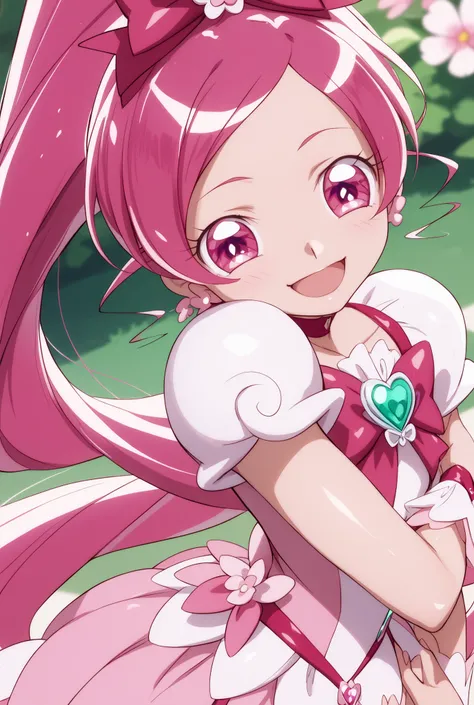 Heart Catch Pretty Cure、cute、cure blossom、beautiful background、 Slim、Small breasts、Shiny on the skin、 happy、happy、angles from above、large futon behind a woman's face、I'm about to reach out my hands and hug them、