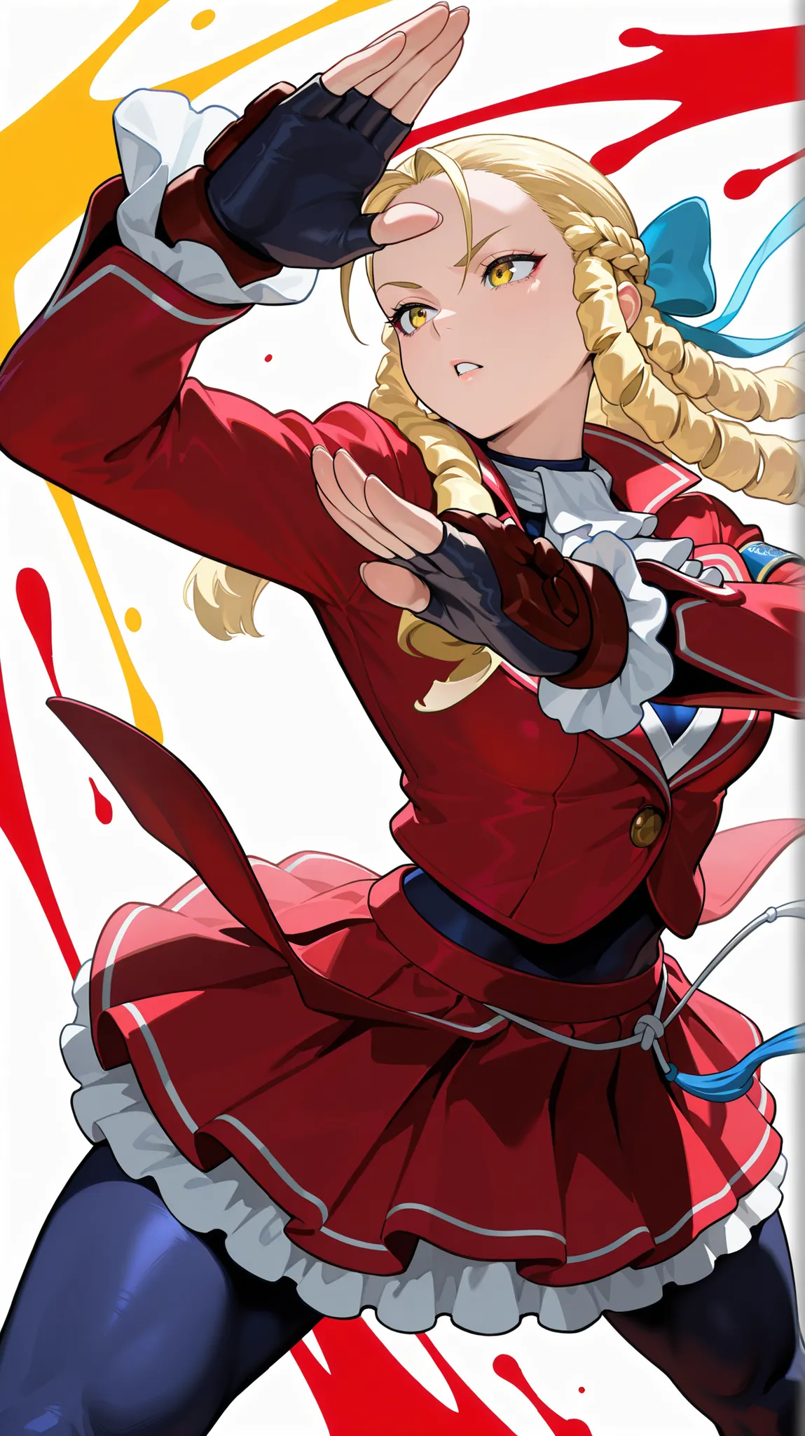 masterpiece, best quality, amazing quality, very aesthetic, absurdres, newest, volumetric lighting, detailed eyes. 
white background, vivid background, paint splash, 1girl, Kanzuki Karin (Street Fighter 5), fighting pose, attack viewer, yellow eyes, pulled...