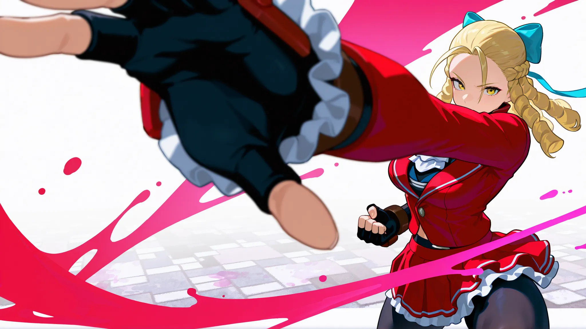 masterpiece, best quality, amazing quality, very aesthetic, absurdres, newest, volumetric lighting, detailed eyes. 
white background, vivid background, paint splash, 1girl, Kanzuki Karin (Street Fighter 5), fighting pose, attack viewer, yellow eyes, pulled...