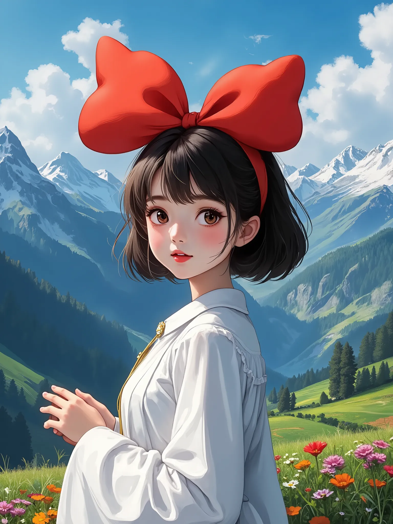 1girl, masterpiece, best quality, Ultra High Resolution, absurd, Ghibli, A woman wearing a big red bow on her head, Mountain, full body, Front View,