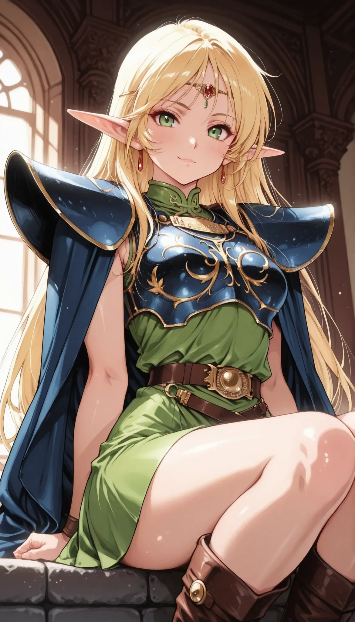 1女性, deedlit, \(record of lodoss war\), ((金髪, ロングヘア)), green dress, circlet, sleeveless,shoulder armor,armor,breastplate,cloak,blue cloak,boots, 清楚系ビッチ, 魅惑的ボディ, ニヤリ, 口を大きく開けて, セクシーな体, 完璧な唇, グラフィティ, ダンスモーション, モーションブラー, カウボーイショット, ドラマチックな照明, 淫靡な雰囲気, 森林の背景, 木...
