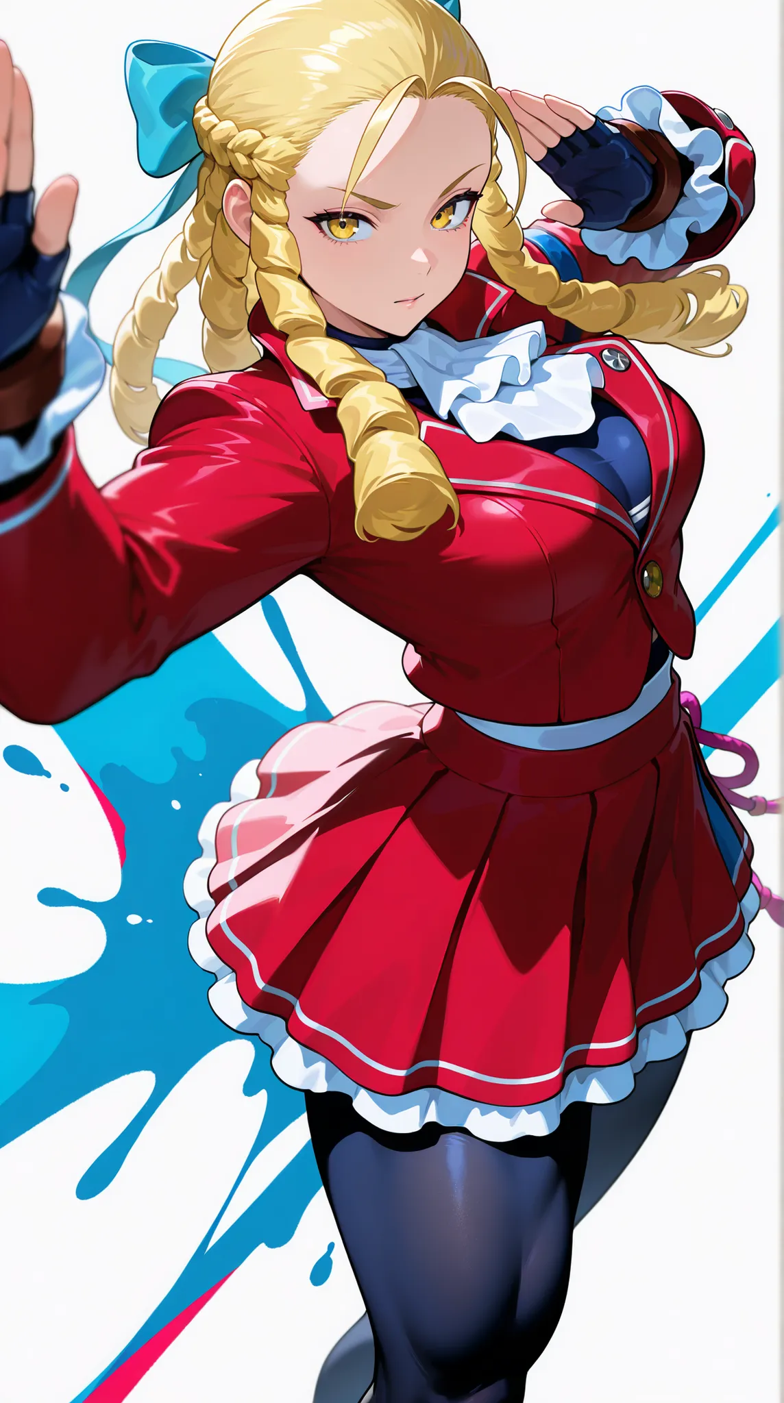 masterpiece, best quality, amazing quality, very aesthetic, absurdres, newest, volumetric lighting, detailed eyes. 
white background, vivid background, paint splash, 1girl, Kanzuki Karin (Street Fighter 5), fighting pose, attack viewer, yellow eyes, pulled...