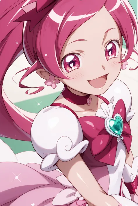 Heart Catch Pretty Cure、cute、cure blossom、beautiful background、 Slim、Small breasts、Shiny on the skin、 happy、happy、angles from above、large futon behind a woman's face、I'm about to reach out my hands and hug them、