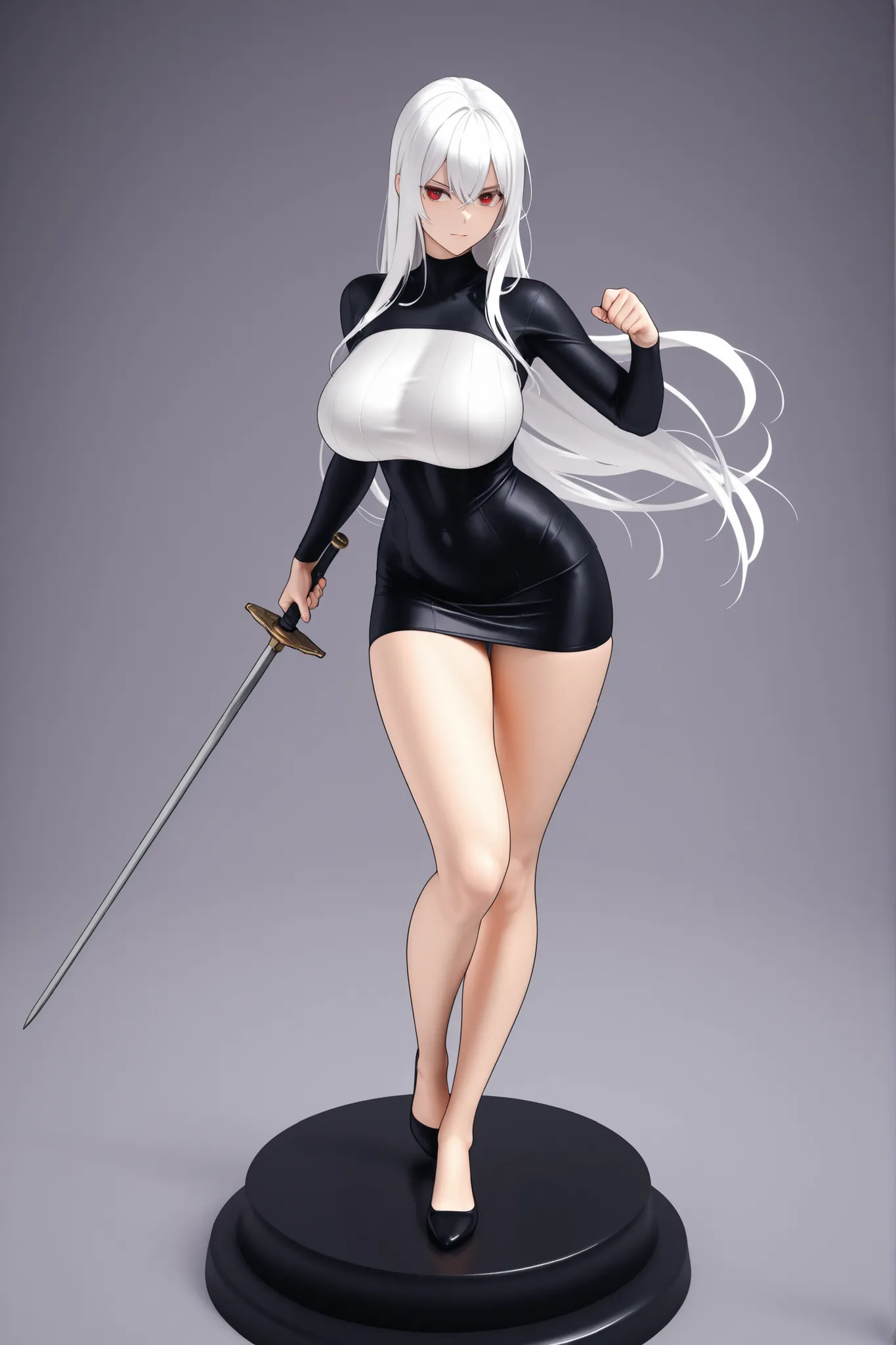 A slender girl with long white hair in blue, red eyes, flared, big breasts, e cup, in a tight dress with sleeves, spandex, black skirt, long sword, fighting stance post, anime figure, height 180, height 130, weight 52, looks sexy, looks sexy. She was fight...