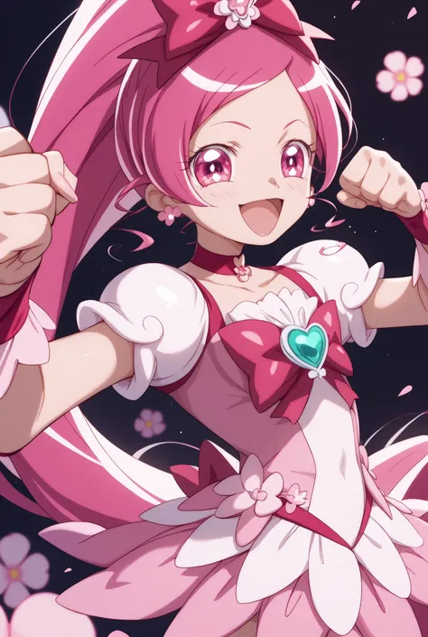 Heart Catch Pretty Cure、cute、cure blossom、beautiful background、 Slim、Small breasts、Shiny on the skin、 happy、happy、I'm starting to stick my fist out here、