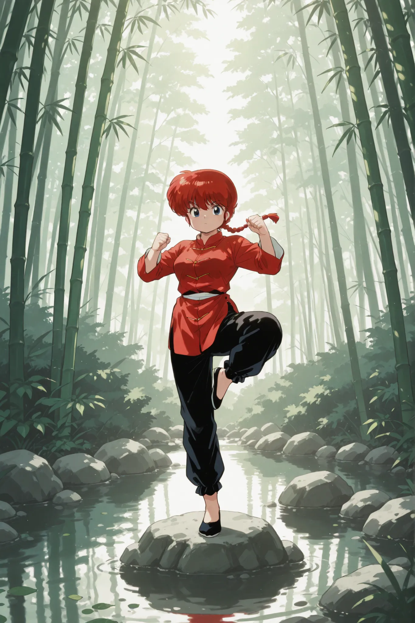 female Ranma Saotome from Ranma1/2. full-body anime girl with twin pigtails, wearing a red kung-fu outfit, striking a dynamic martial arts pose on a rock in the middle of a pond,  one leg standing, surrounded by a dense bamboo forest, soft sunlight filteri...