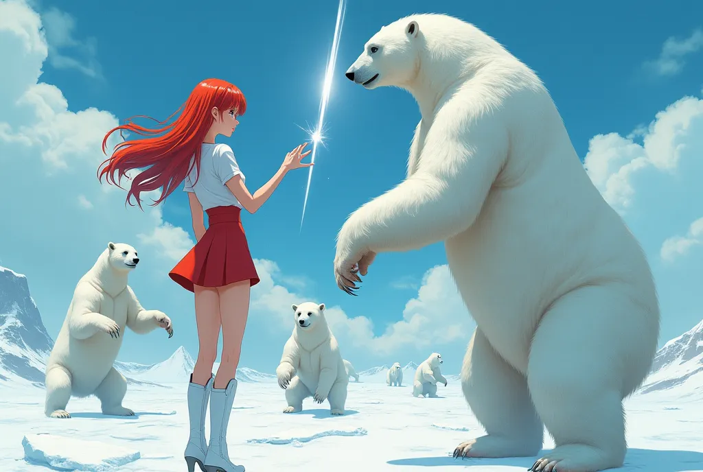 anime style, Fujiko Fujio style, women in their 20s, Android, red hair, Straight Long Hair, no expression, blue eyes, white t-shirt, Red Mini Skirt, white boots, Arctic, Polar bears raise their hands and attack, It emits a ray of light from the hand, composition from the side