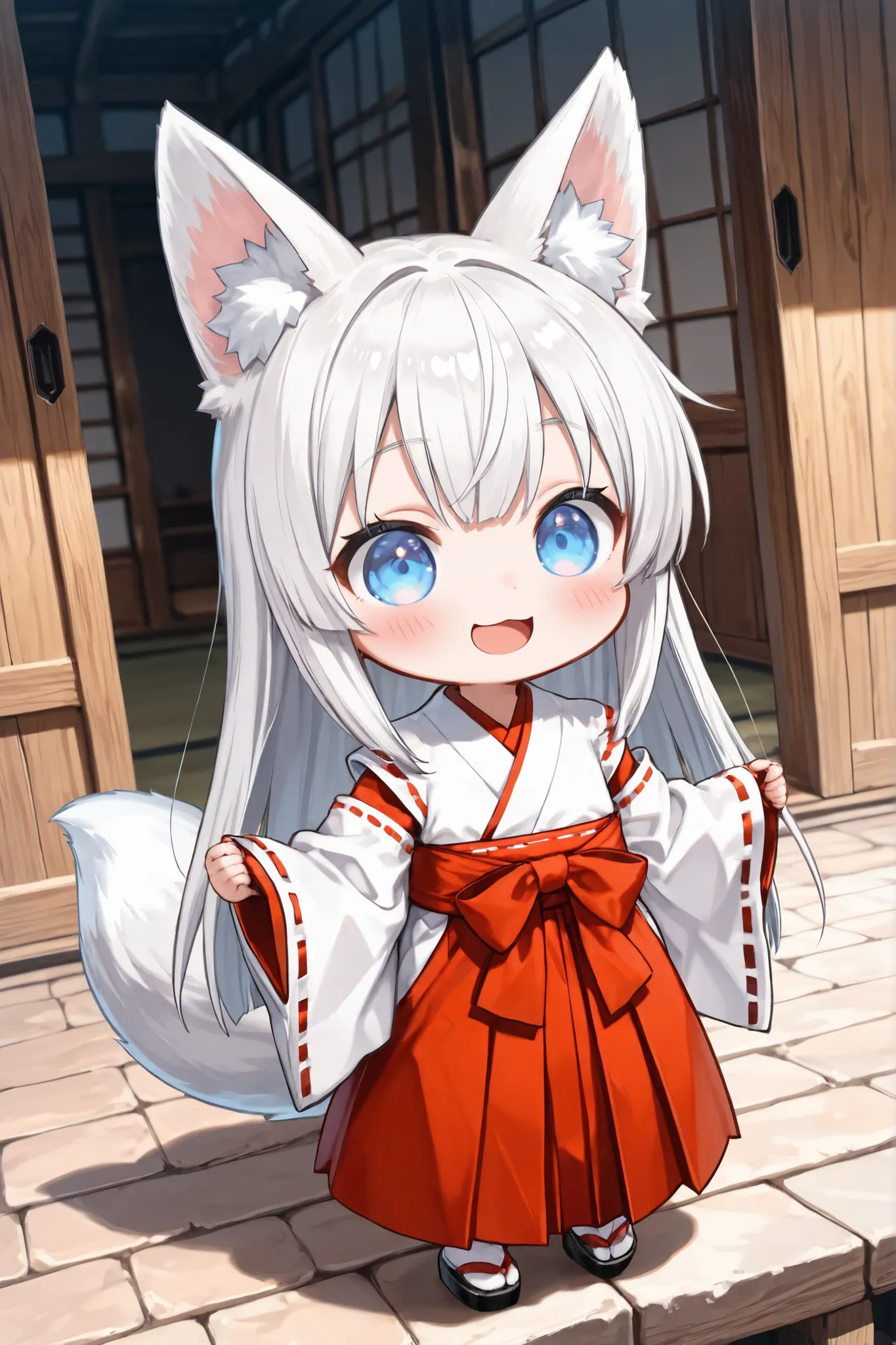 ((Masterpiece)),((best quality)),((incredibly absurdres)),((8K)),(semi realistic),
1 (chibi girl) ,(anime chibi),solo,minigirl,white hair,long hair,straight hair,blue eyes,baby face,cute,kawaii,(white fox ears),(white fox tail),big eyes,
(miko),Maiden miko...