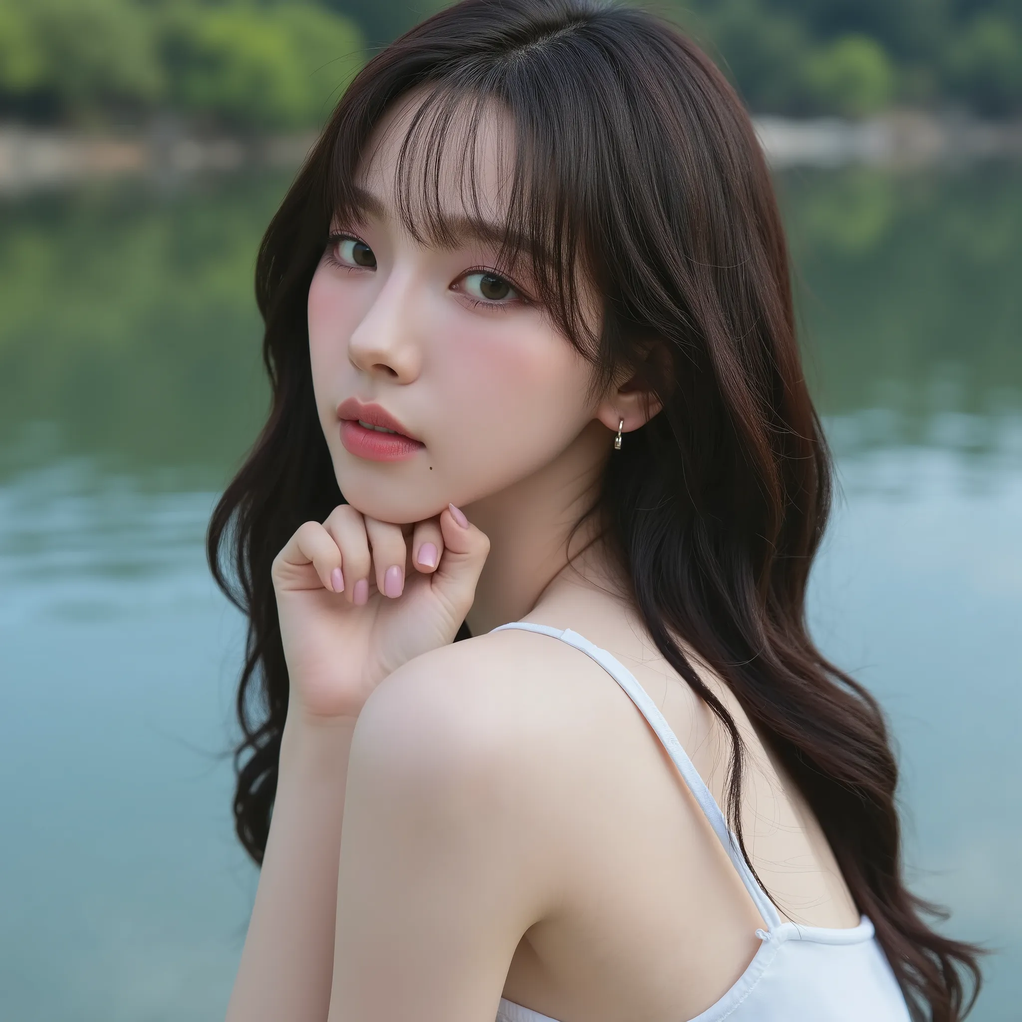 Beautiful 28-year-old korean with long hair and medium-sized breasts naked at a lake, showing the chest side