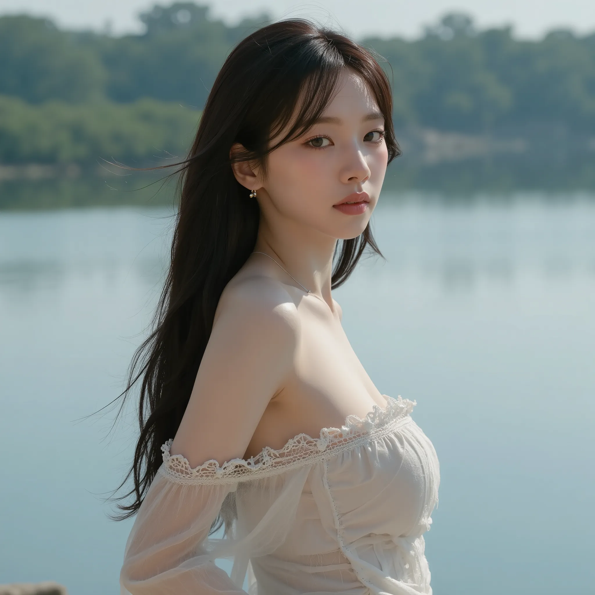 Beautiful 28-year-old korean with long hair and medium-sized breasts naked at a lake, showing the chest side