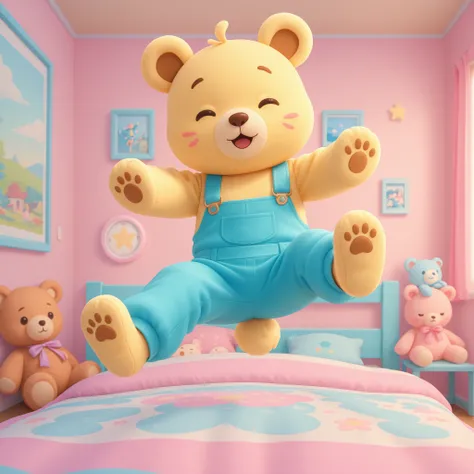  jumping up after kicking a futon,morning６Children's Room of Time、pastel and bright colors、overall layout to become a CD jacket,Lots of stuffed animals scattered along with futons、Composition where futons play the leading role、