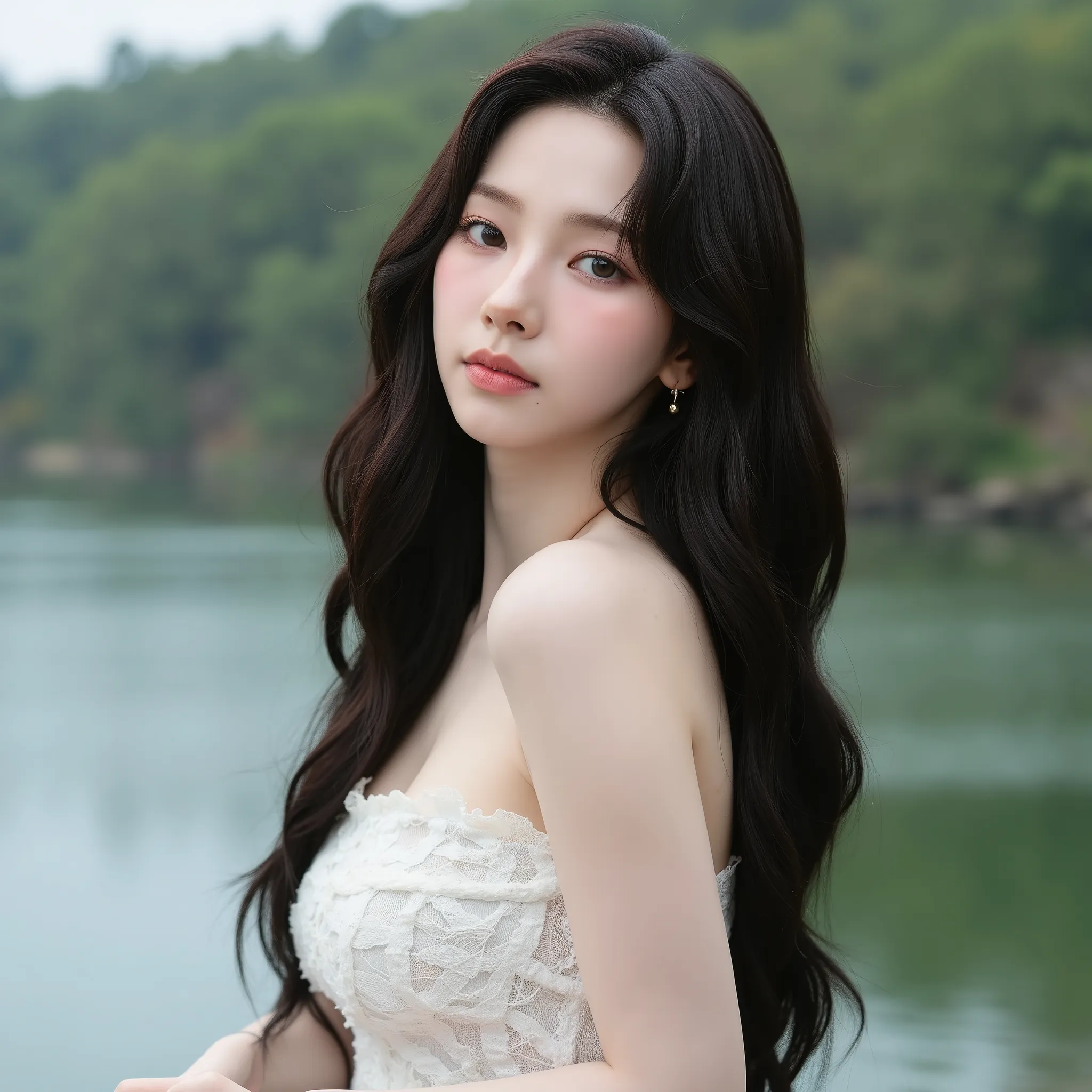 Beautiful 28-year-old korean with long hair and medium-sized breasts naked at a lake, showing the chest side