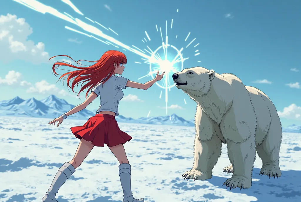 anime style, FUJIKO FUJIKO FUJIO, women in their 20s, Android, red hair, Straight Long Hair, no expression, blue eyes, white t-shirt, Red Mini Skirt, white boots, Arctic, Duel with a polar bear, It emits a ray of light from the hand, Bird&#39;s-eye view