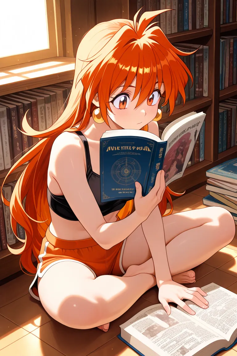  Character Lina Inverse from the anime called Slayer in a bookstore sitting on the floor in a yoga position reading her own manga with her on the cover, many books on the shelves, natural lighting, perfect human anatomy, masterpiece, detailed image, ultra hd 
